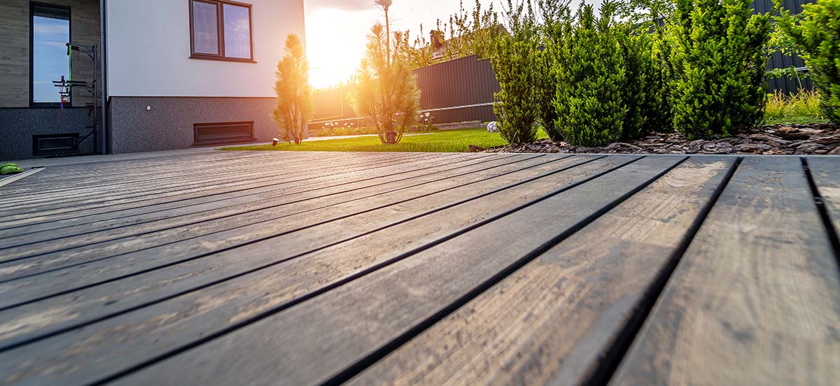 Close up view of a wooden deck